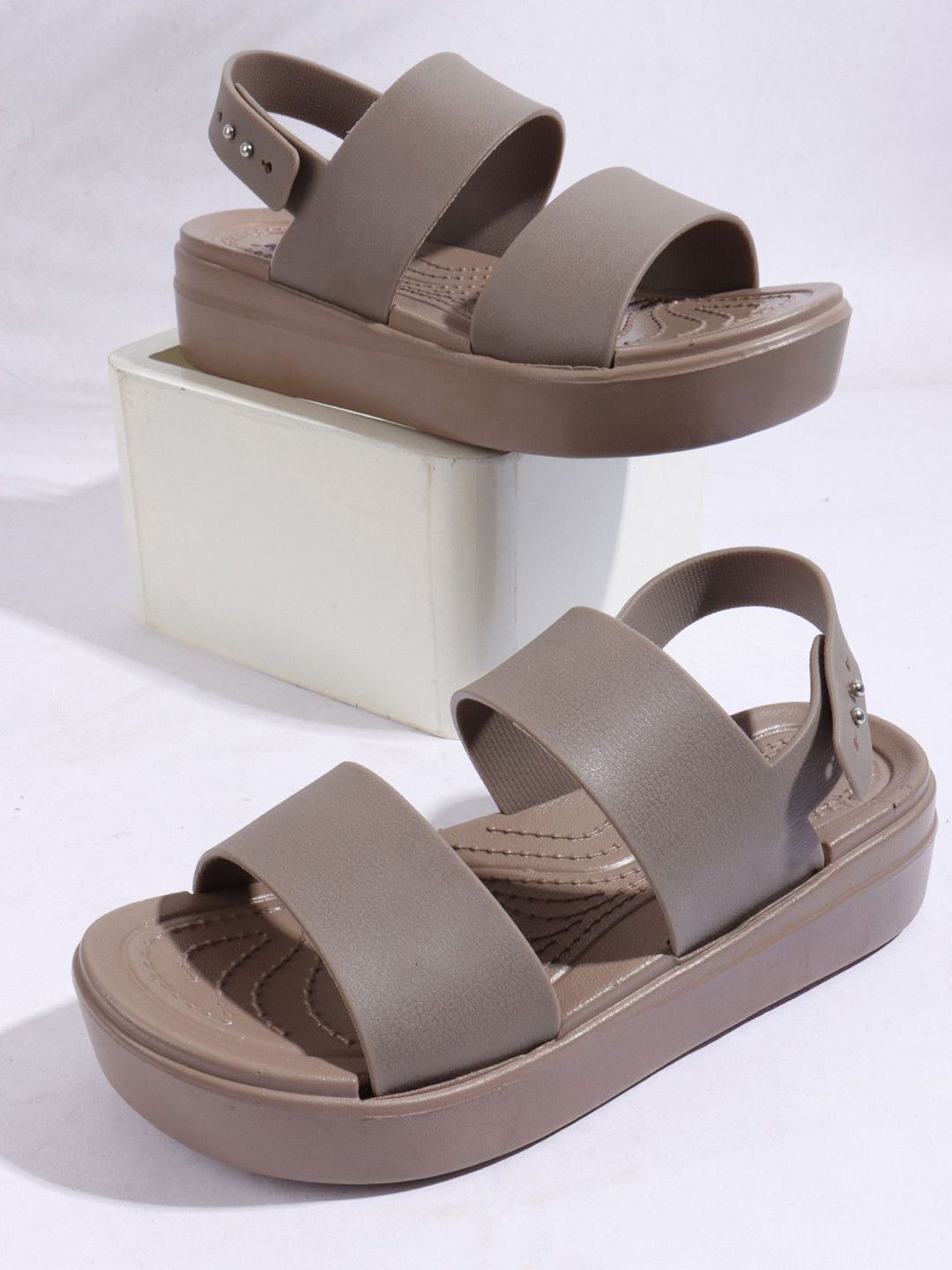 JUMPLITE Women Open Toe Textured Flatform Heels With Backstrap